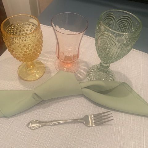 Amber, Blush and Sage glasses with Celadon poly napkin and mismatched vintage flatware